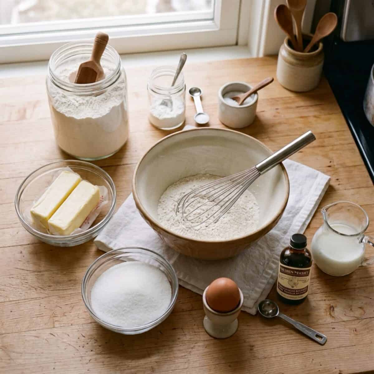 Cooking making ingredients on a kitchen counter including all-purpose flour, butter, sugar, salt, baking powder, an egg, milk and vanilla extract.