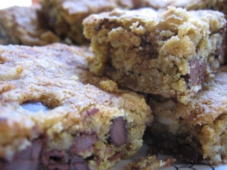Oatmeal Chocolate Chip Cookie Bars stacked on top of each other