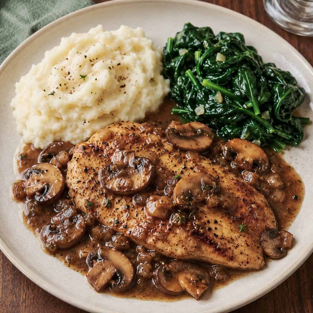 Chicken marsala with mashed potatoes and sautéed spinach on dinner plate.