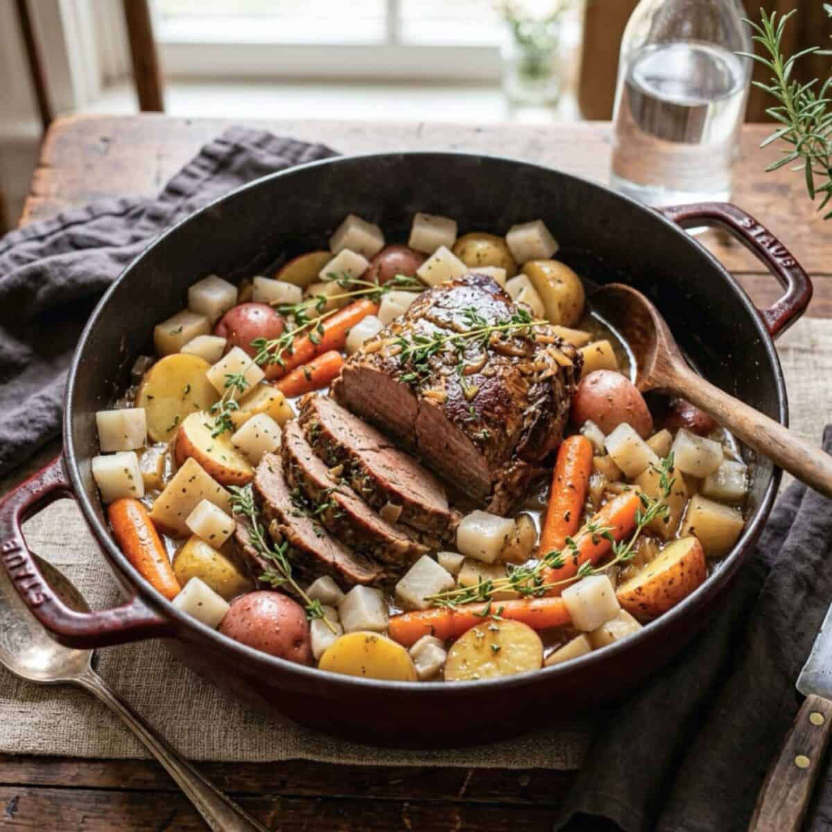 Pot roast, potatoes, carrots and turnips with fresh thyme in Dutch oven.