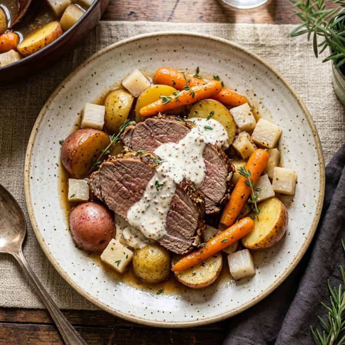 Oven pot roast drizzled with horseradish sauce, potatoes, carrots and turnips on a dinner plate.