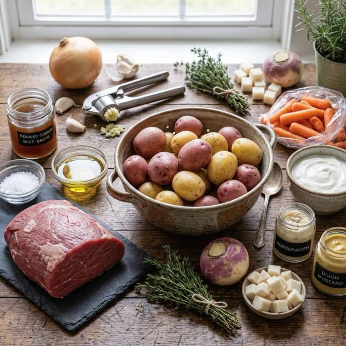 Boneless bottom round roast, baby potatoes, baby carrots, chopped turnips, salt, olive oil, nonfat Greek yogurt, horseradish sauce and reduced-sodium beef broth on kitchen counter.