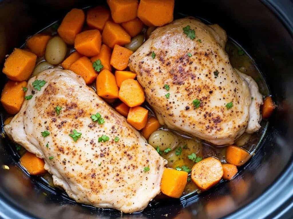 chicken thighs, sweet potatoes, shallots in crockpot