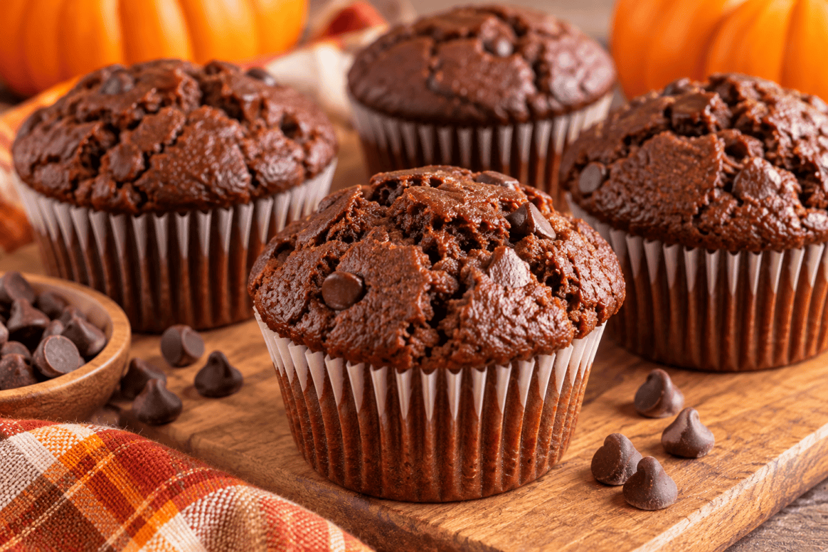 2-ingredient chocolate pumpkin muffins arranged on cutting board with pumpkins in background