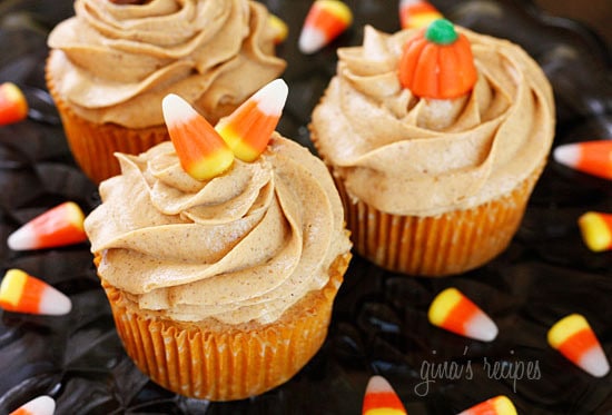 Pumpkin Cupcakes with Pumpkin Spiced Cream Cheese Frosting and Candy Corns