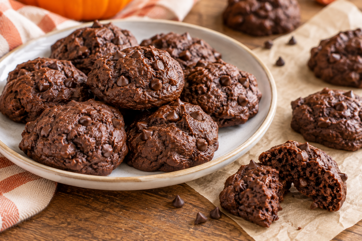 chocolate pumpkin cookies stacked on white plate with more cookies and chocolate chips around it