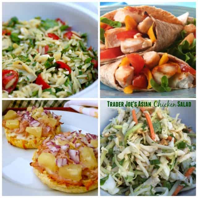 Collage with four images including orzo pasta salad, English muffin pizza, Asian chicken salad and chicken wrap sandwiches.