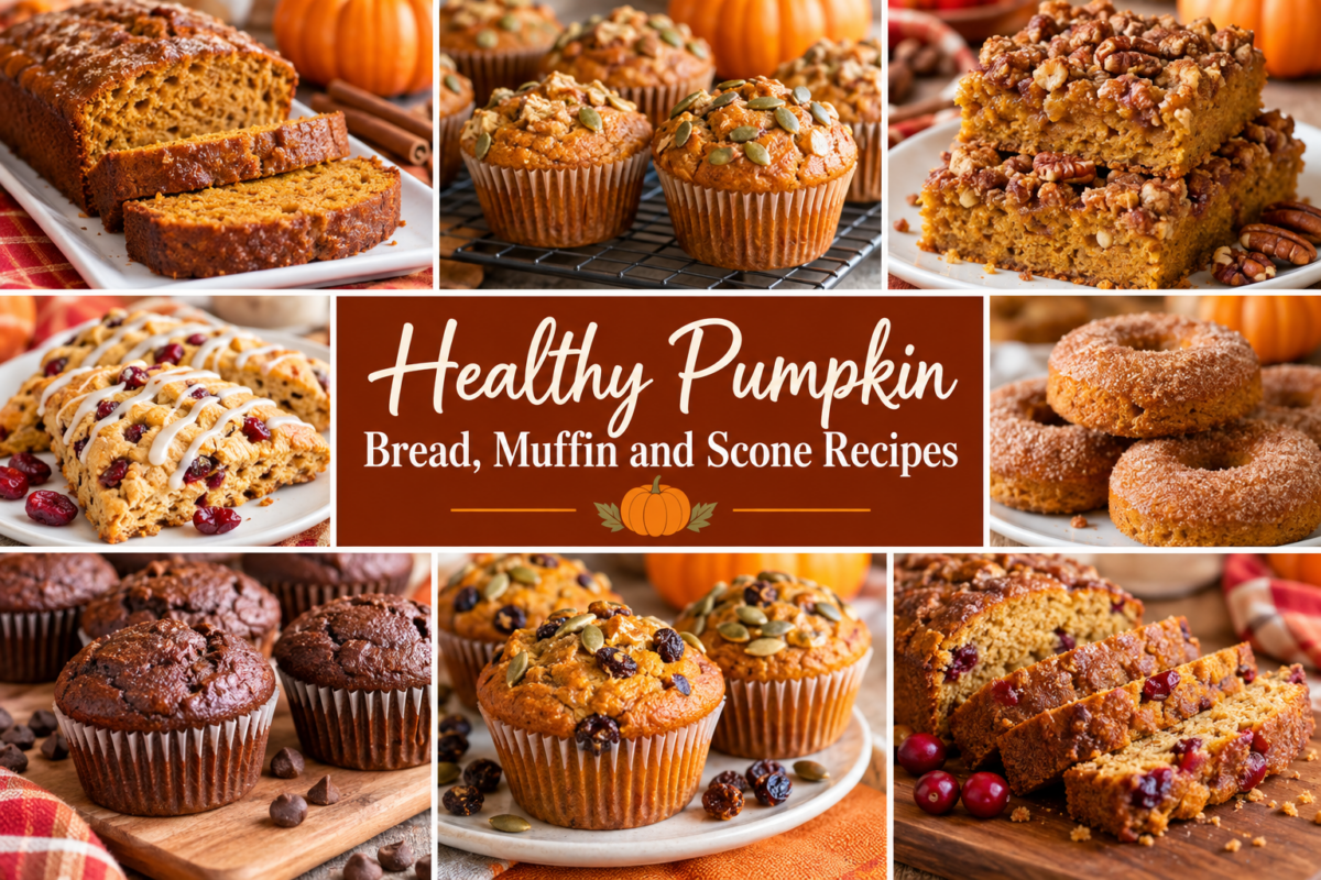 collage of pumpkin breads, muffins, scones, donuts