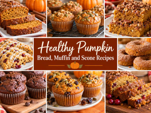 collage of pumpkin breads, muffins, scones, donuts