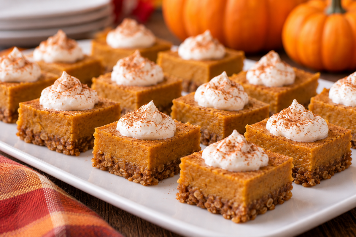 individual pumpkin pie bites decoratively arranged on white platter