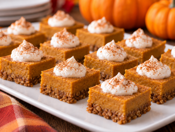 individual pumpkin pie bites decoratively arranged on white platter