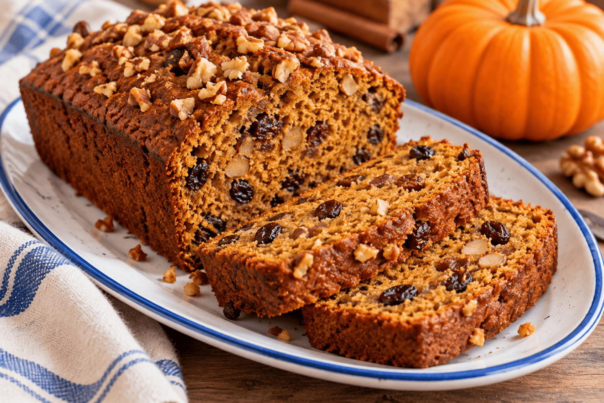 slow cooker pumpkin bread with raisins and nuts sliced on white platter