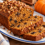 slow cooker pumpkin bread with raisins and nuts sliced on white platter