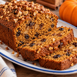 slow cooker pumpkin bread with raisins and nuts sliced on white platter