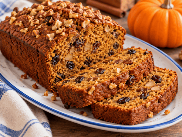 slow cooker pumpkin bread with raisins and nuts sliced on white platter