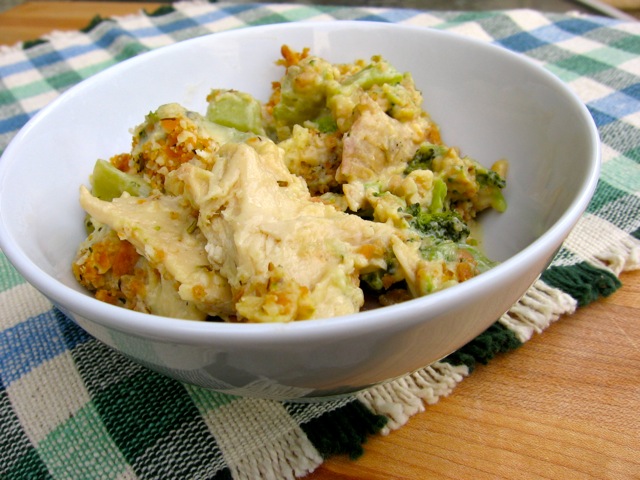 Skinny Chicken Broccoli Casserole in white bowl.