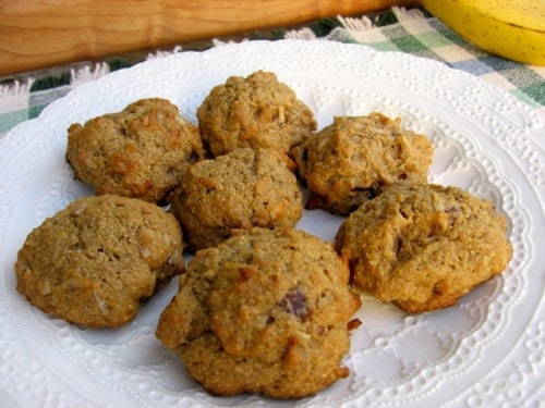 Low-Fat Banana Date Coconut Cookies on white platter.