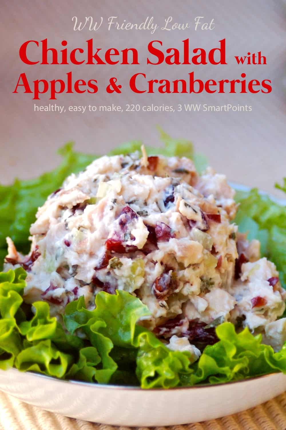 Scoop of low fat chicken salad with apples and cranberries on bed of lettuce.