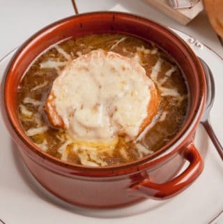 Beefy French onion soup with grilled Swiss cheese croutons