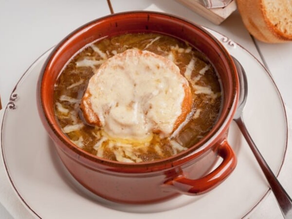 Beefy French onion soup with grilled Swiss cheese croutons