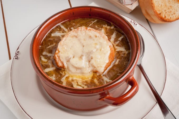 Beefy French onion soup with grilled Swiss cheese croutons.