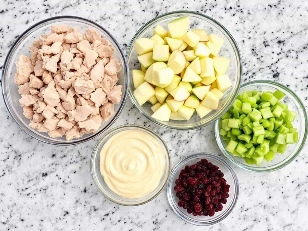 bowls of chopped chicken, chopped apple, chopped celery, dried cranberries, creamy mayo on a kitchen counter shot from above