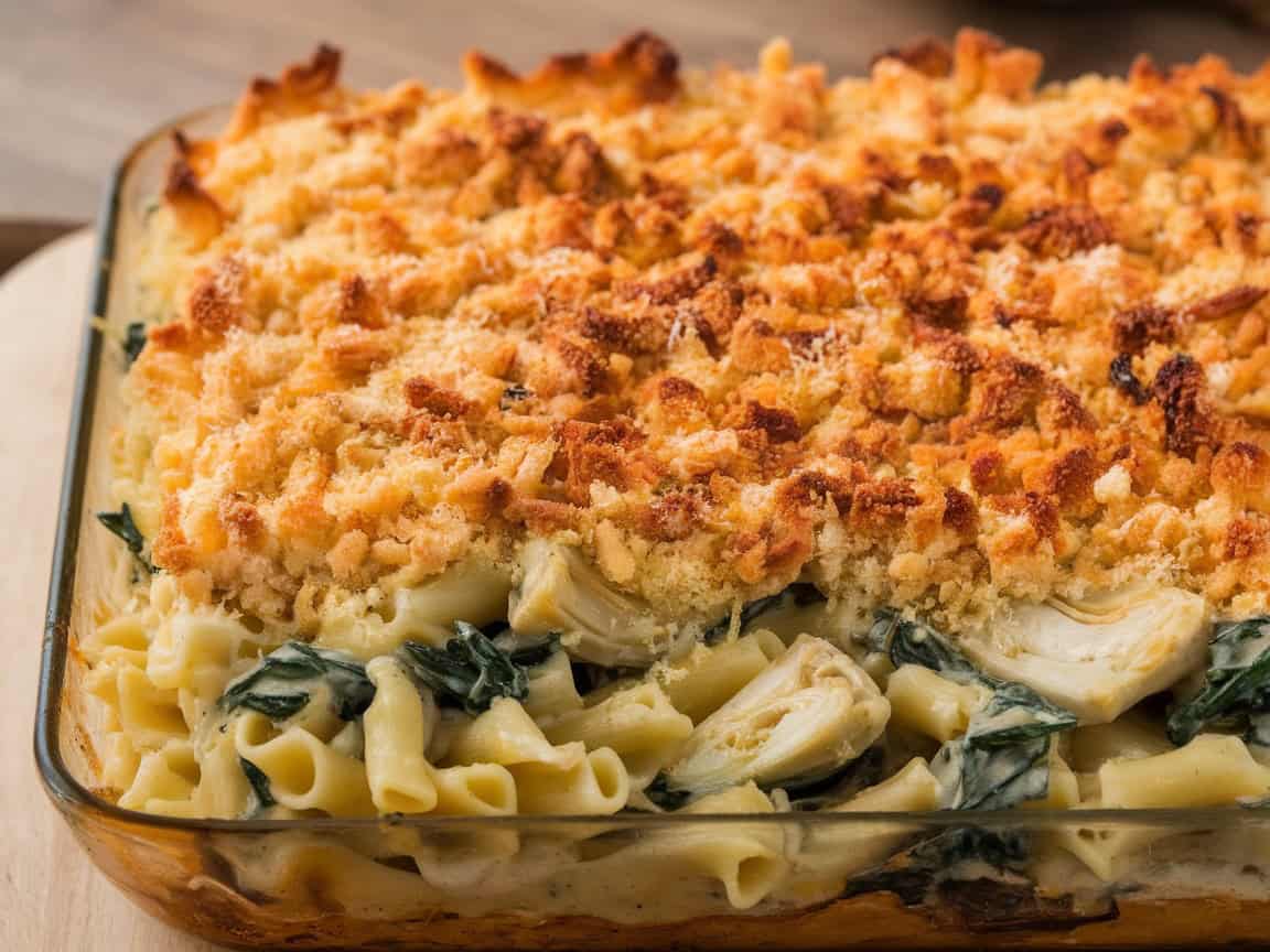 Casserole Dish of Baked Artichoke Spinach Pasta