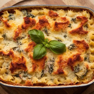 casserole dish of baked artichoke spinach pasta garnished with basil
