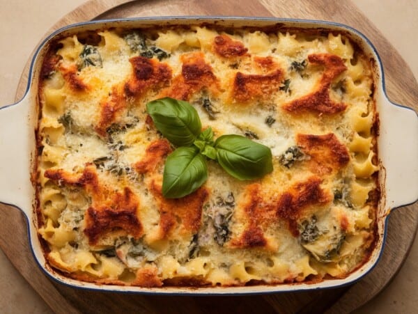 casserole dish of baked artichoke spinach pasta garnished with basil