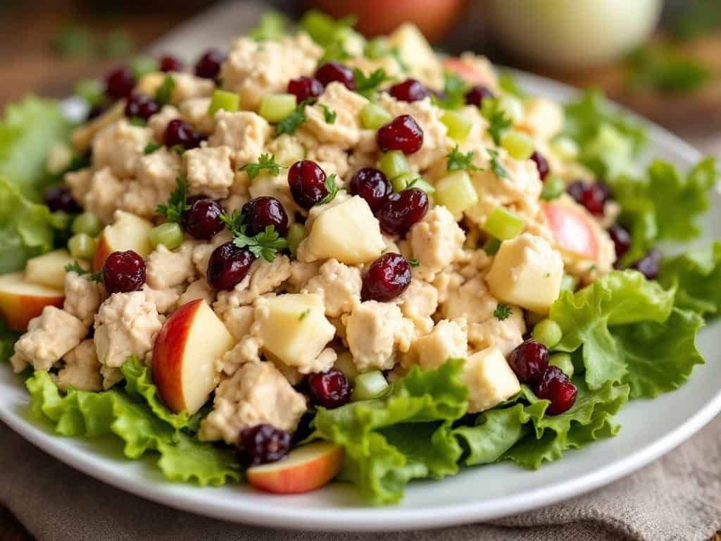 chicken salad with apples and cranberries on a bed of salad greens shot from the front