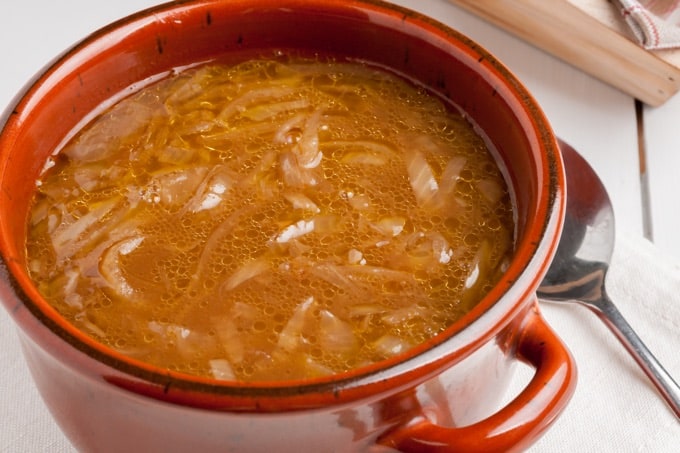 Crock of French Onion Soup without Cheesy Bread.