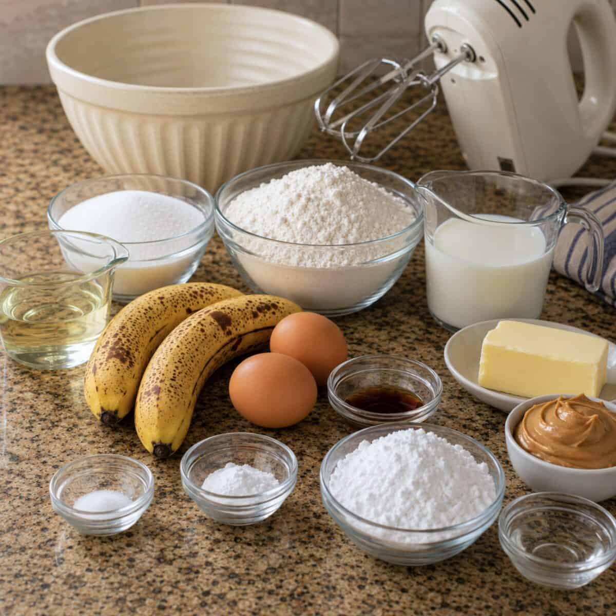 Ingredients on a kitchen counter including all-purpose flour, sugar, ripe bananas, vegetable oil, eggs, low fat buttermilk, butter, peanut butter, salt and confectioner's sugar.