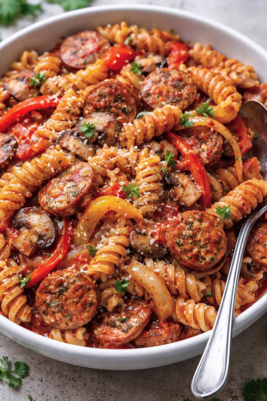 Fusili pasta with Italian chicken sausage, onions, peppers and mushrooms in a white bowl.
