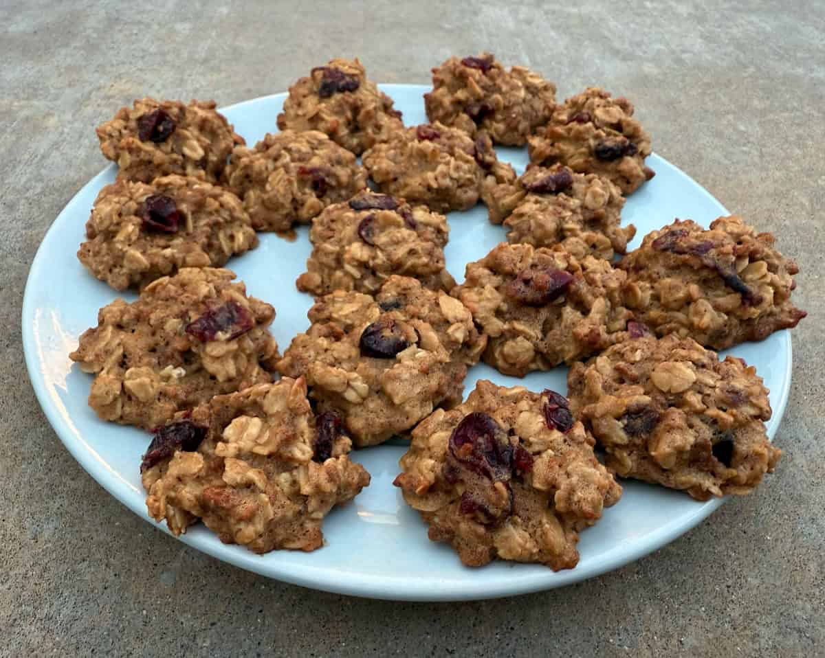 Grape Nuts Breakfast Cookies with dried cranberries on round blue plate.