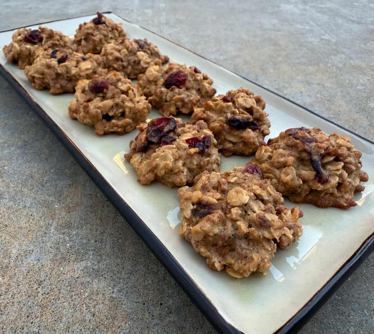 Grapenuts Breakfast Cookies with dried cranberries on serving platter.