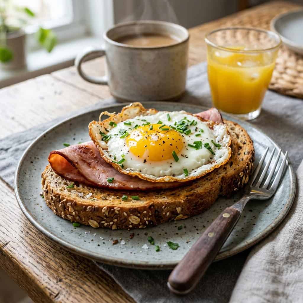 open face breakfast egg sandwich on plate with fork alongside