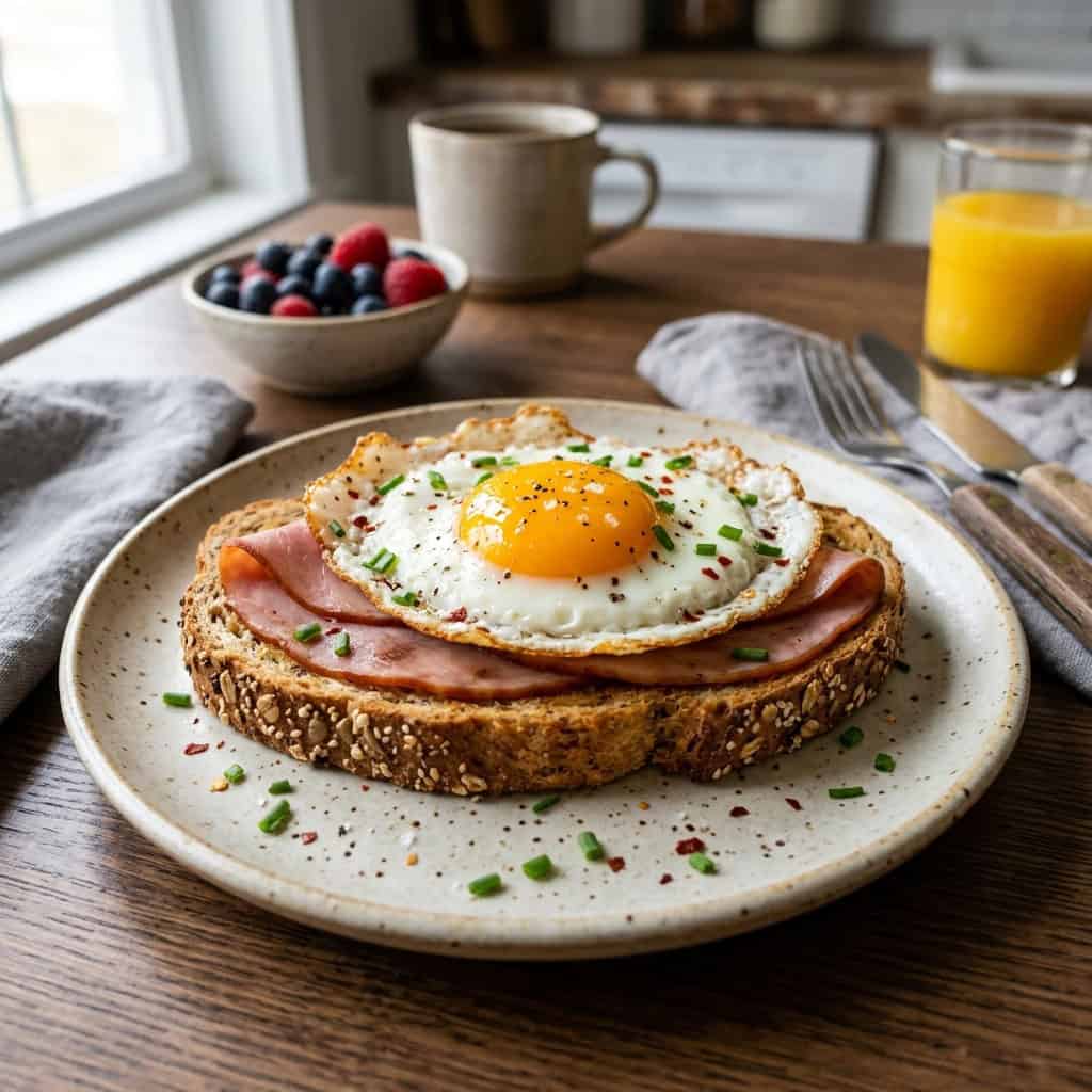 pottery plate with open face breakfast egg sandwich in foreground and coffee, orange juice and berries in background