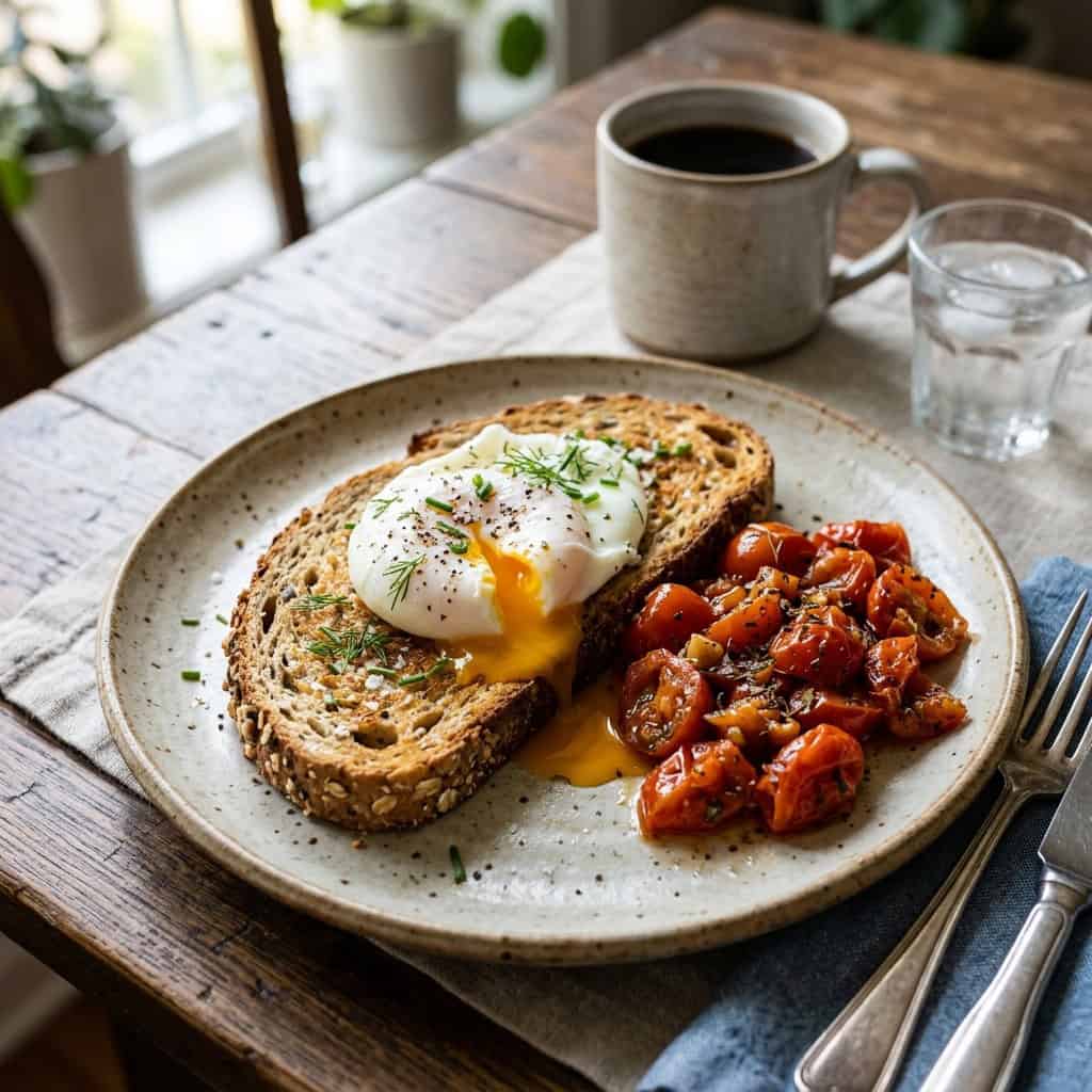 poached egg on whole grain toast with cooked tomatoes alongside