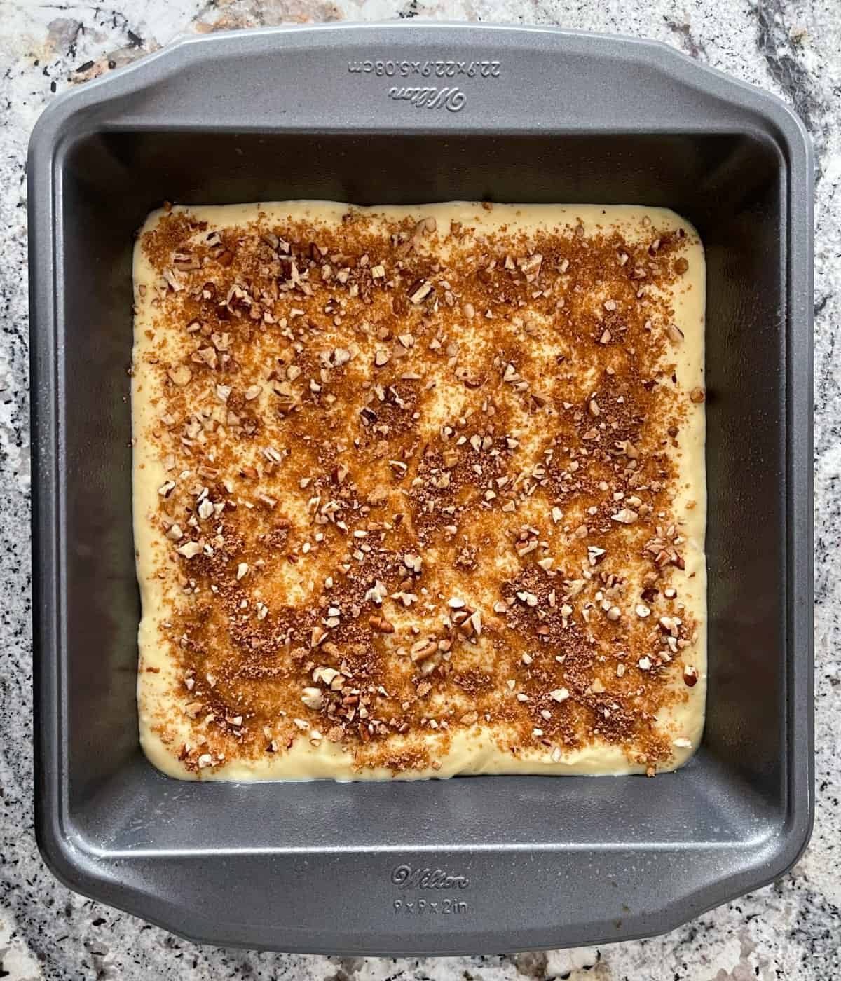 Square baking pan filled halfway with yellow cake mixture and topped with streusel mixture of chopped pecans, cinnamon and light brown sugar.