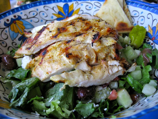Grilled Chicken Greek Salad in colorful ceramic bowl