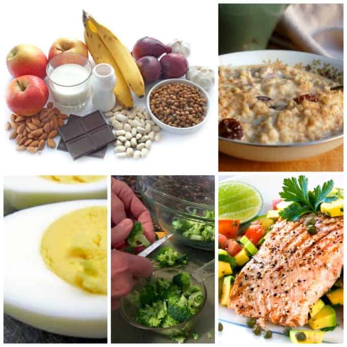food collage: oatmeal, salmon, broccoli, eggs, bananas 