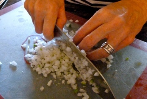 Chopping onion for salsa.