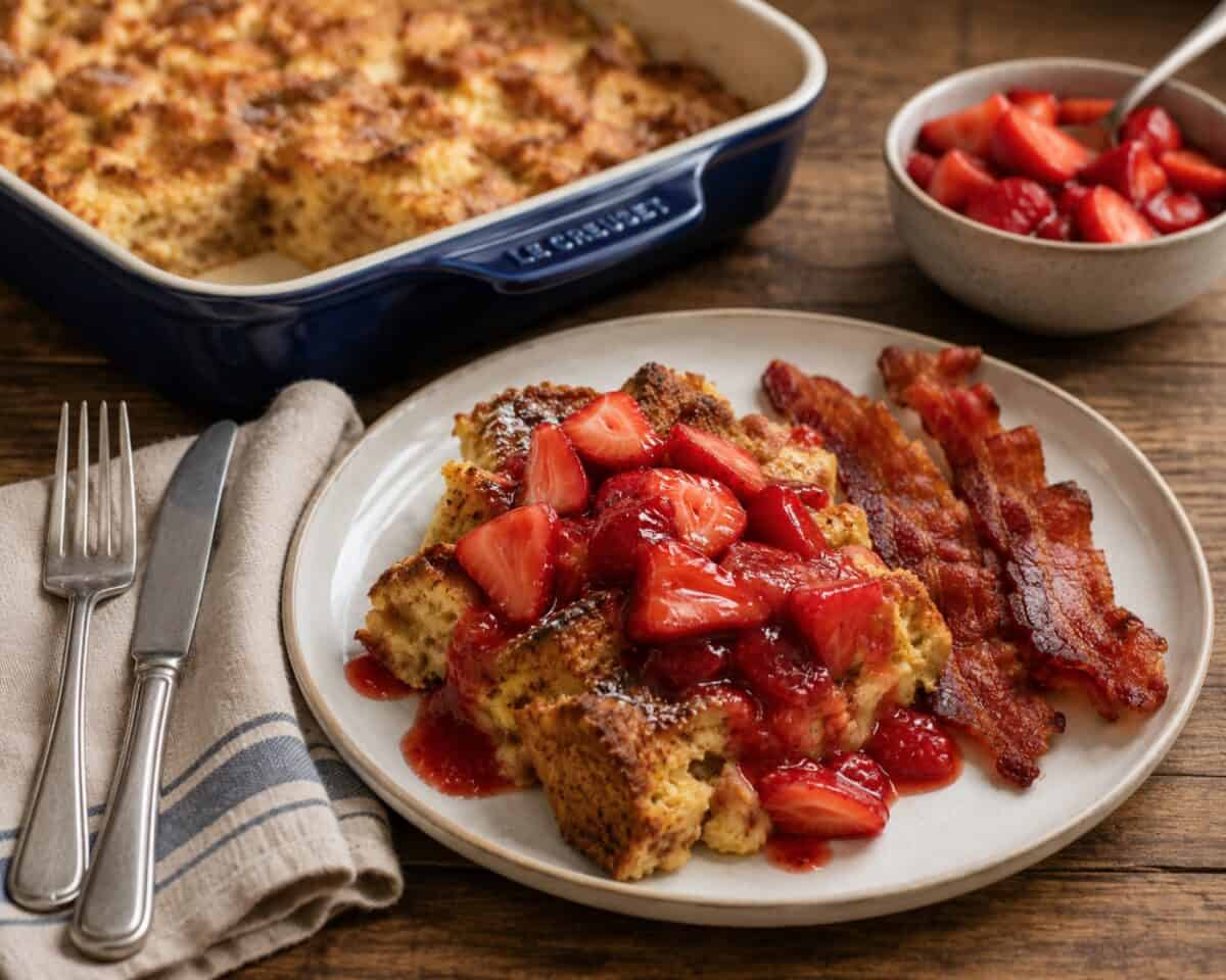 Baked French toast on a plate with strawberry topping and side of bacon on a plate with a fork, knife and linen napkin and French toast casserole and bowl of strawberry topping in the background.