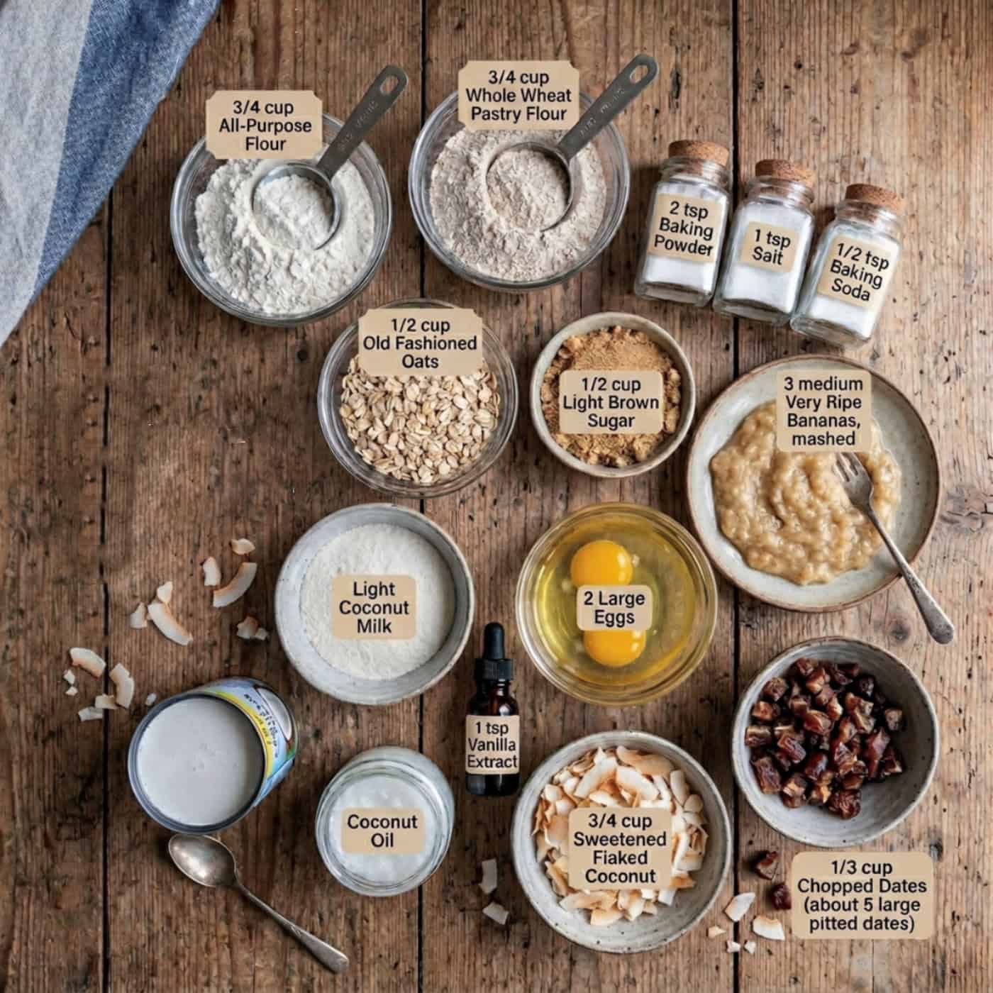 Banana Coconut Date Muffin ingredients on wood table, including flour, whole wheat pastry flour, old-fashioned rolled oats, light brown sugar, eggs, mashed banana, chopped dates, sweetened flaked coconut, vanilla extract and coconut oil.