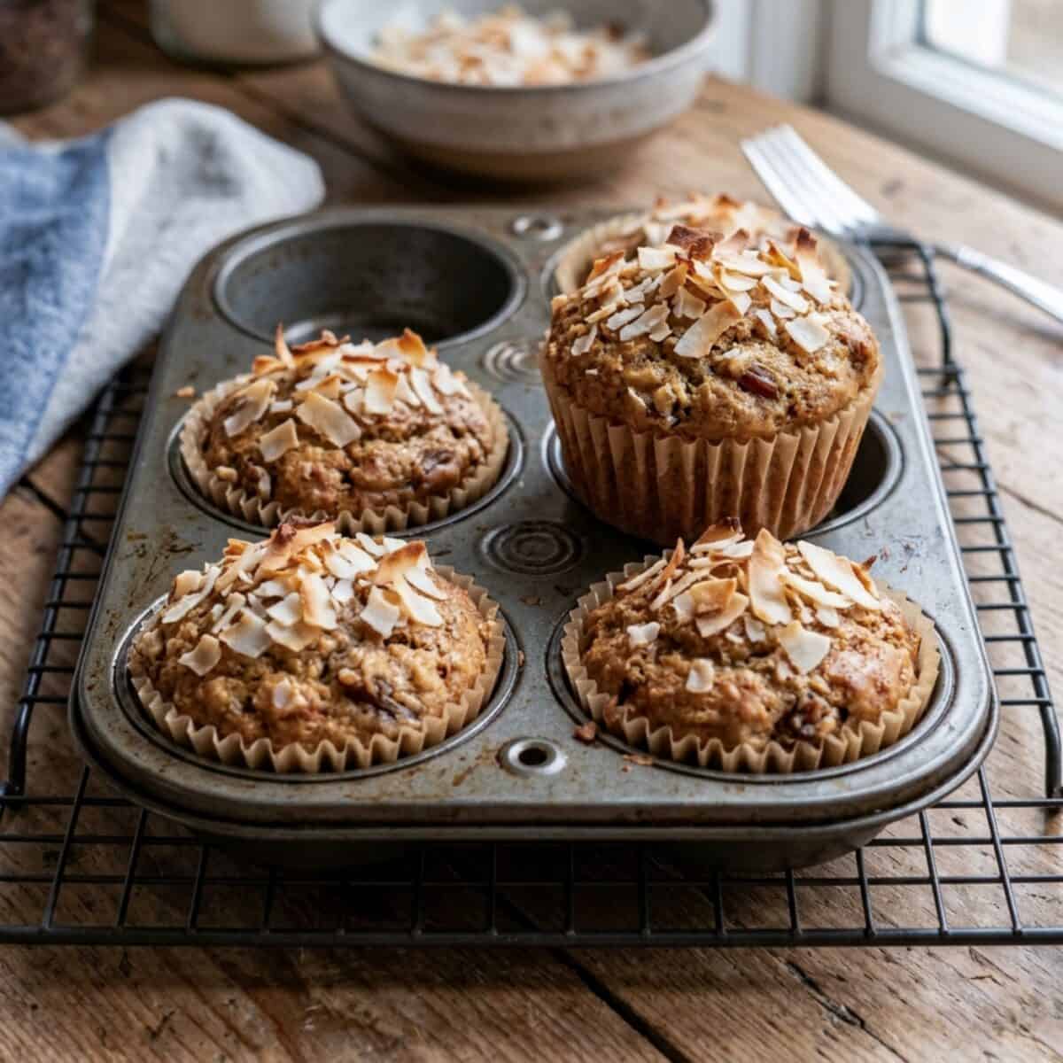 Banana Coconut Date Muffins in muffin pan on wire rack sitting on wood table.