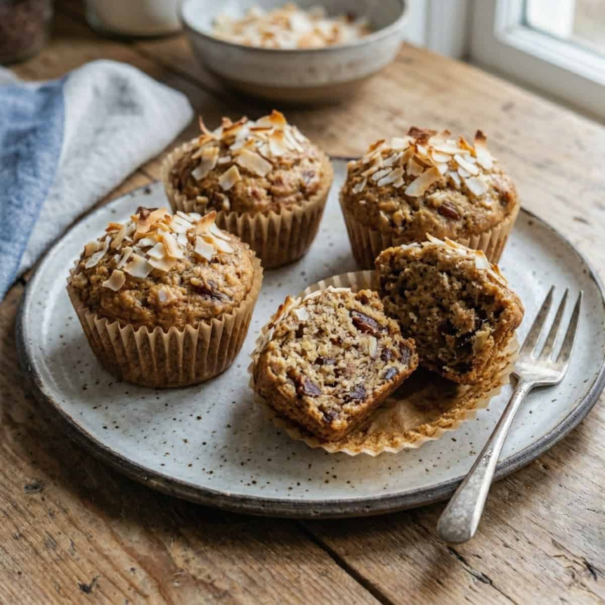 Banana Coconut Date Muffins on a ceramic plate with a fork on wood table.