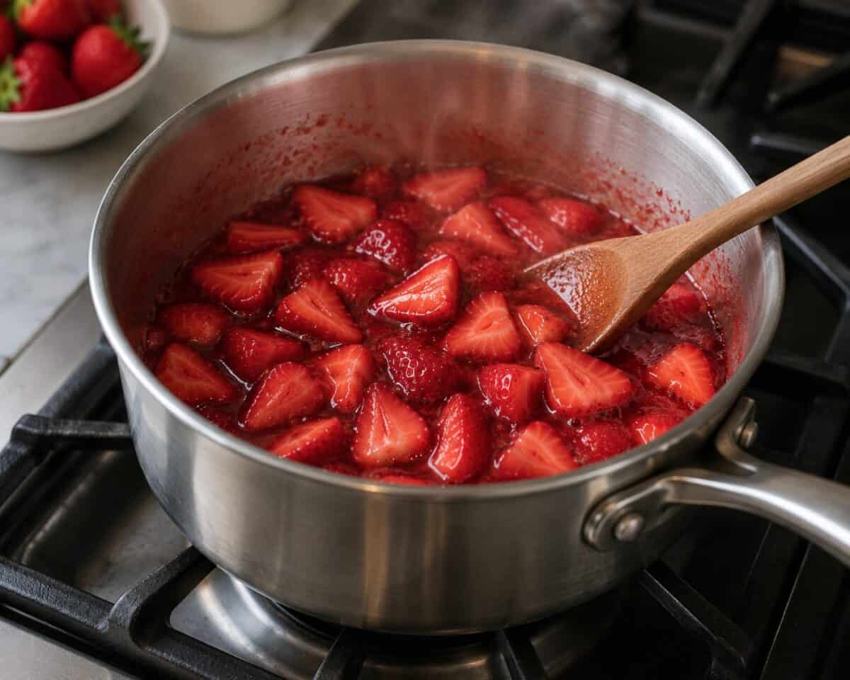 Making strawberry sauce with sliced strawberries in a medium saucepan on stovetop.
