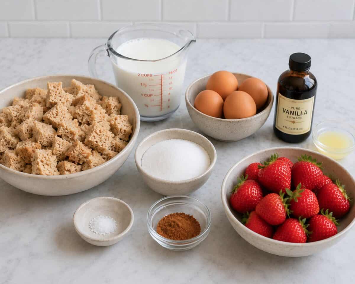 Ingredients including dried bread with crust removed, milk, eggs, vanilla extract, sugar, salt, cinnamon, lemon juice and fresh strawberries.