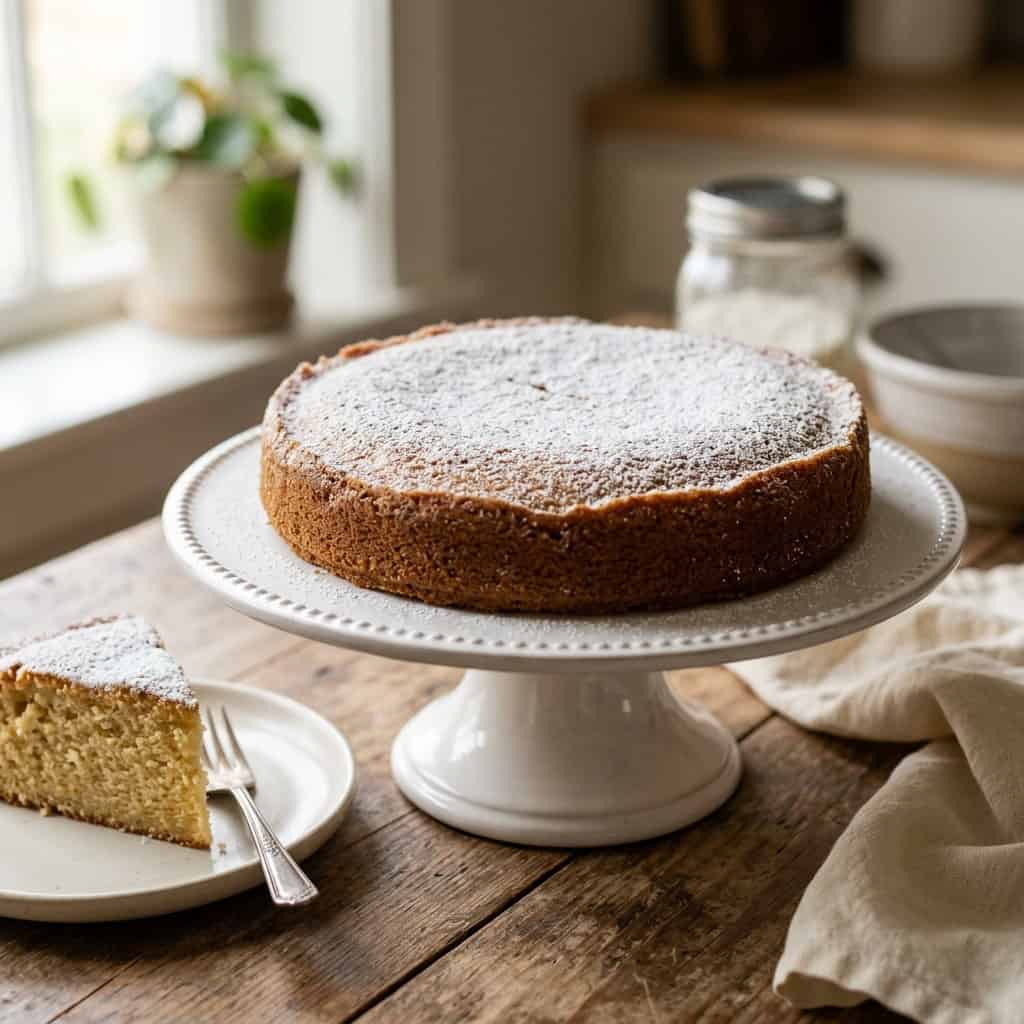 simple buttermilk cake sprinkled with powdered sugar on white pedestal cake dish