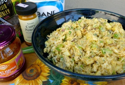 Skinny Curried Chicken Salad in blue serving bowl.